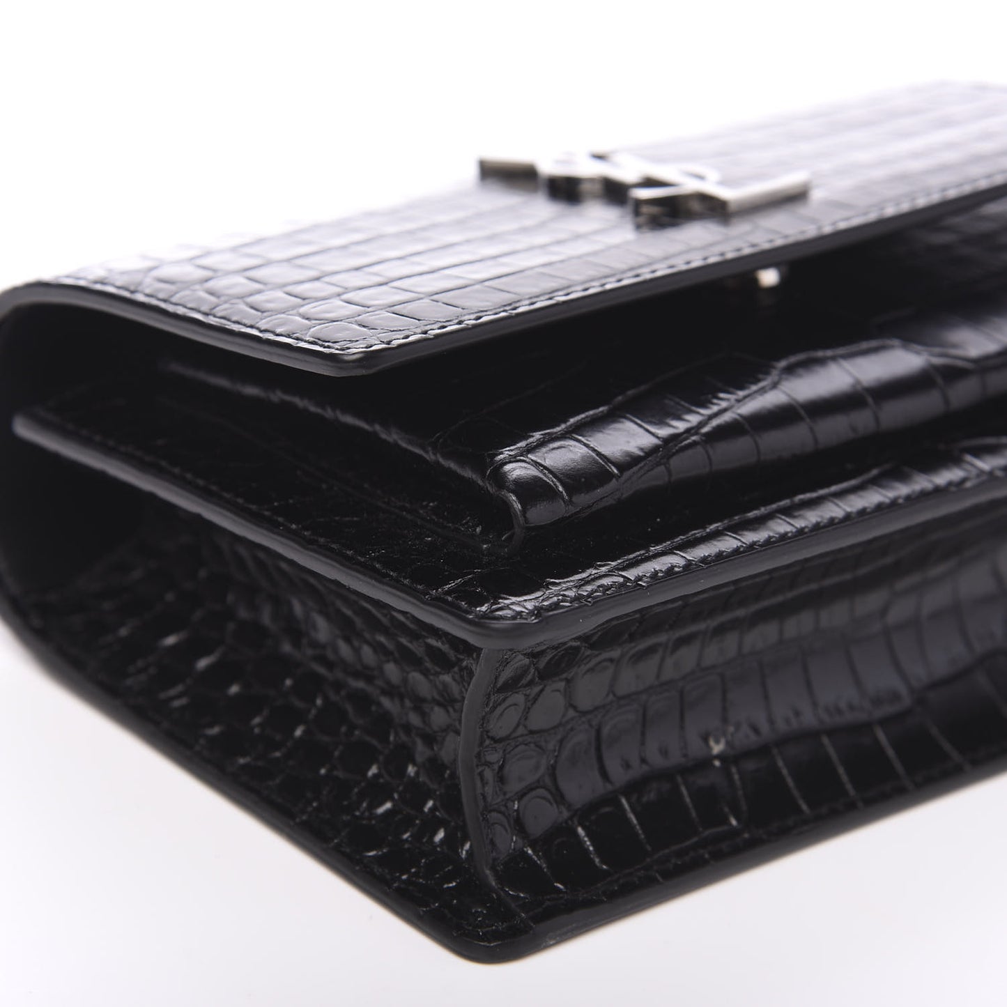 Calfskin Crocodile Embossed Monogram Sunset Chain Wallet Black