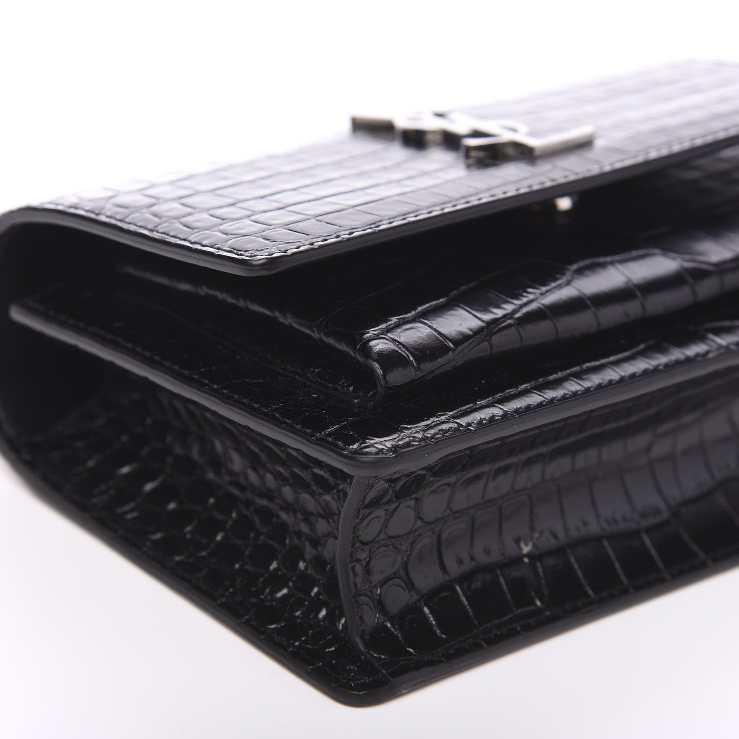 Saint Laurent Calfskin Crocodile Embossed Monogram Sunset Chain Wallet Black 7 of 8