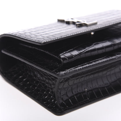 Saint Laurent Calfskin Crocodile Embossed Monogram Sunset Chain Wallet Black 7 of 8