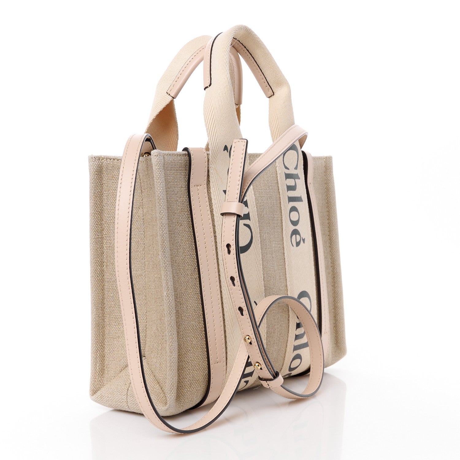 Chloe Linen Calfskin Small Woody Ribbon Tote With Strap White Pink 3 of 10