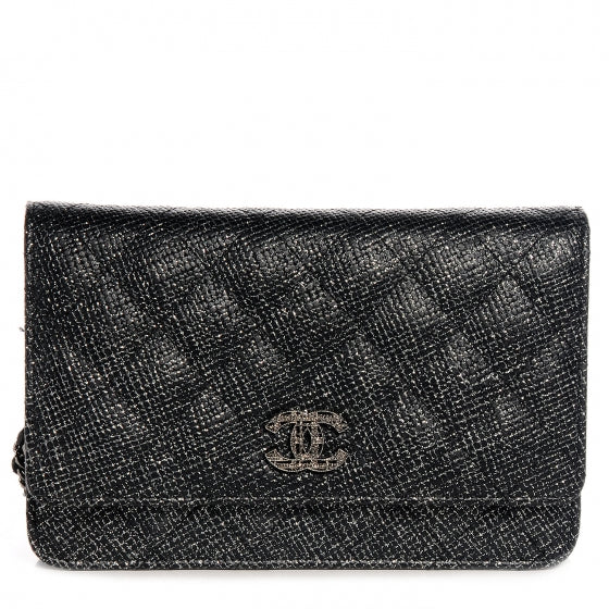 Chanel Glitter Calfskin Quilted Wallet on Chain WOC Black Silver 1 of 9