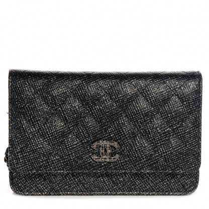 Chanel Glitter Calfskin Quilted Wallet on Chain WOC Black Silver 1 of 9