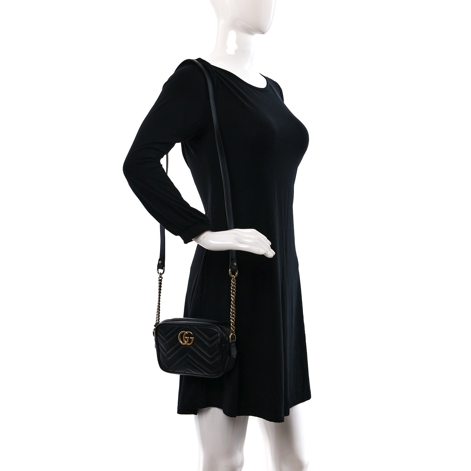 Gucci Calfskin Matelasse Mini GG Marmont Chain Shoulder Bag Black 2 of 9
