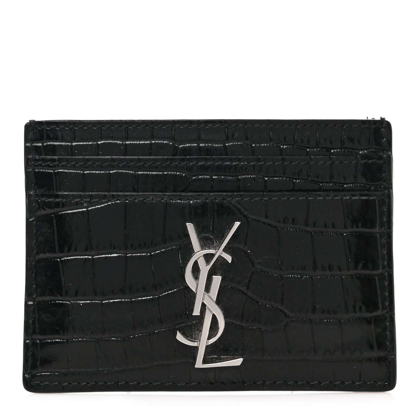 Calfskin Crocodile Embossed Monogram Credit Card Case Black