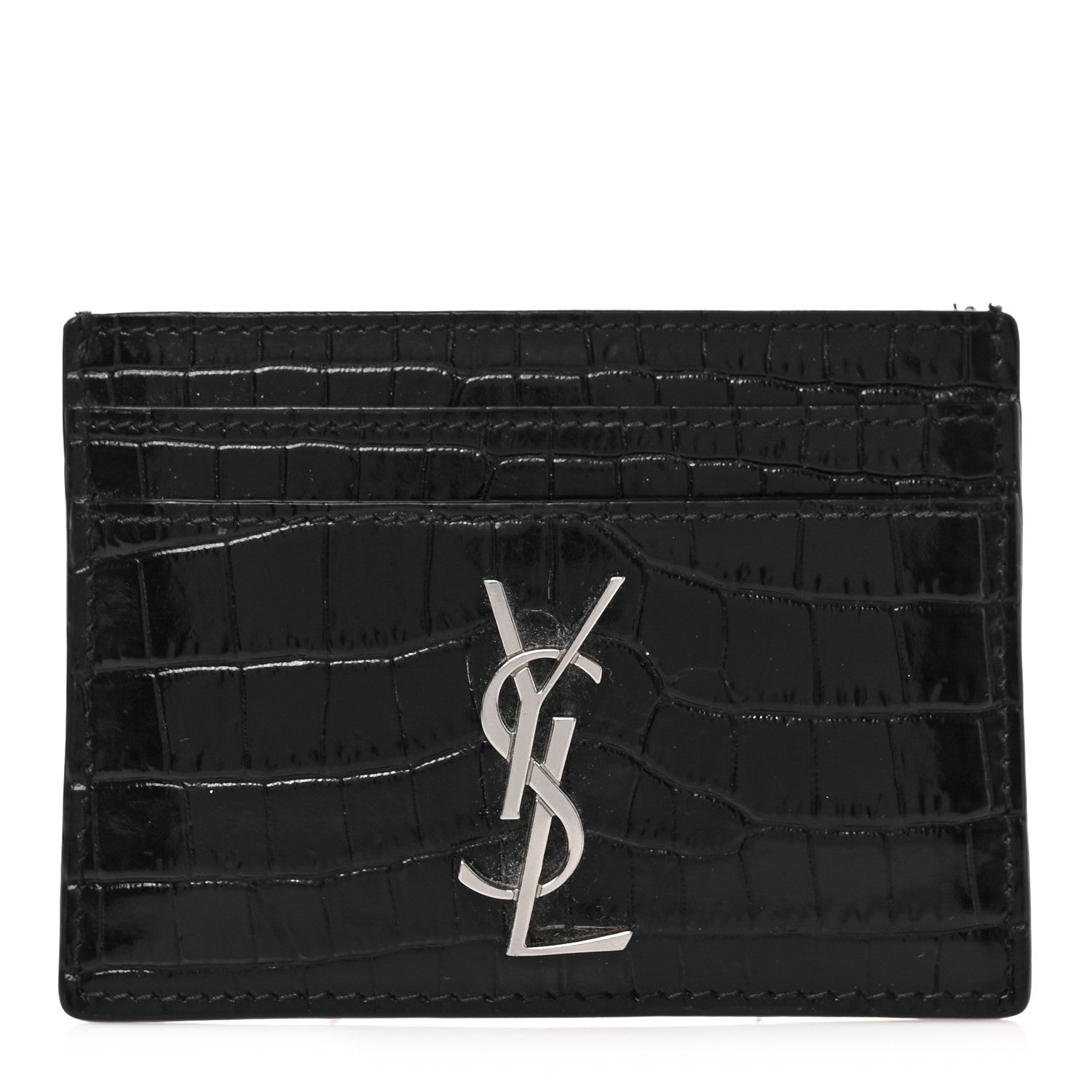 Saint Laurent Calfskin Crocodile Embossed Monogram Credit Card Case Black 1 of 6