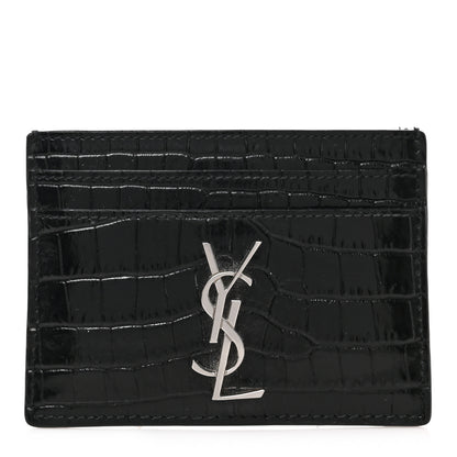 Saint Laurent Calfskin Crocodile Embossed Monogram Credit Card Case Black 1 of 6