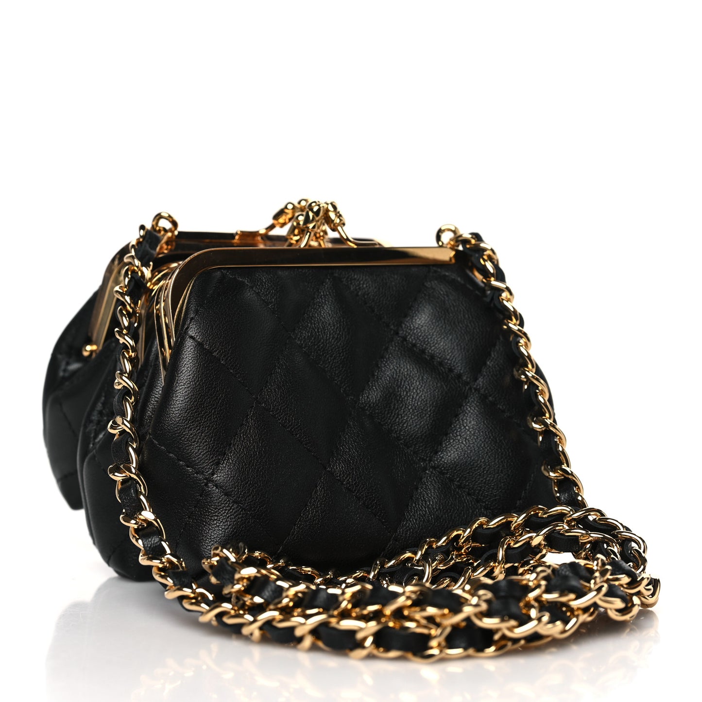 Lambskin Quilted Trio Kiss Lock Clutch With Chain Black