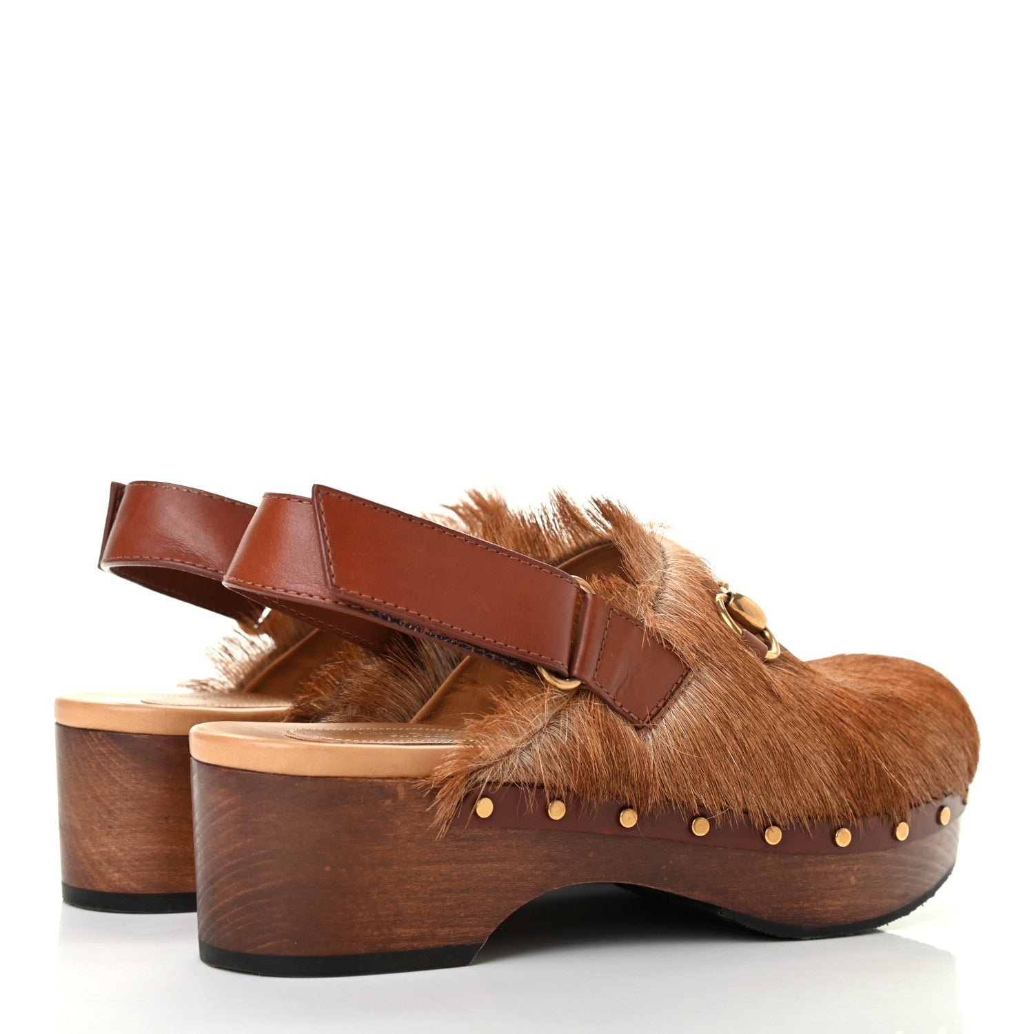 Gucci Goat Hair Calfskin Horsebit Amstel Slingback Clogs 37 Naturale Mattone 4 of 8