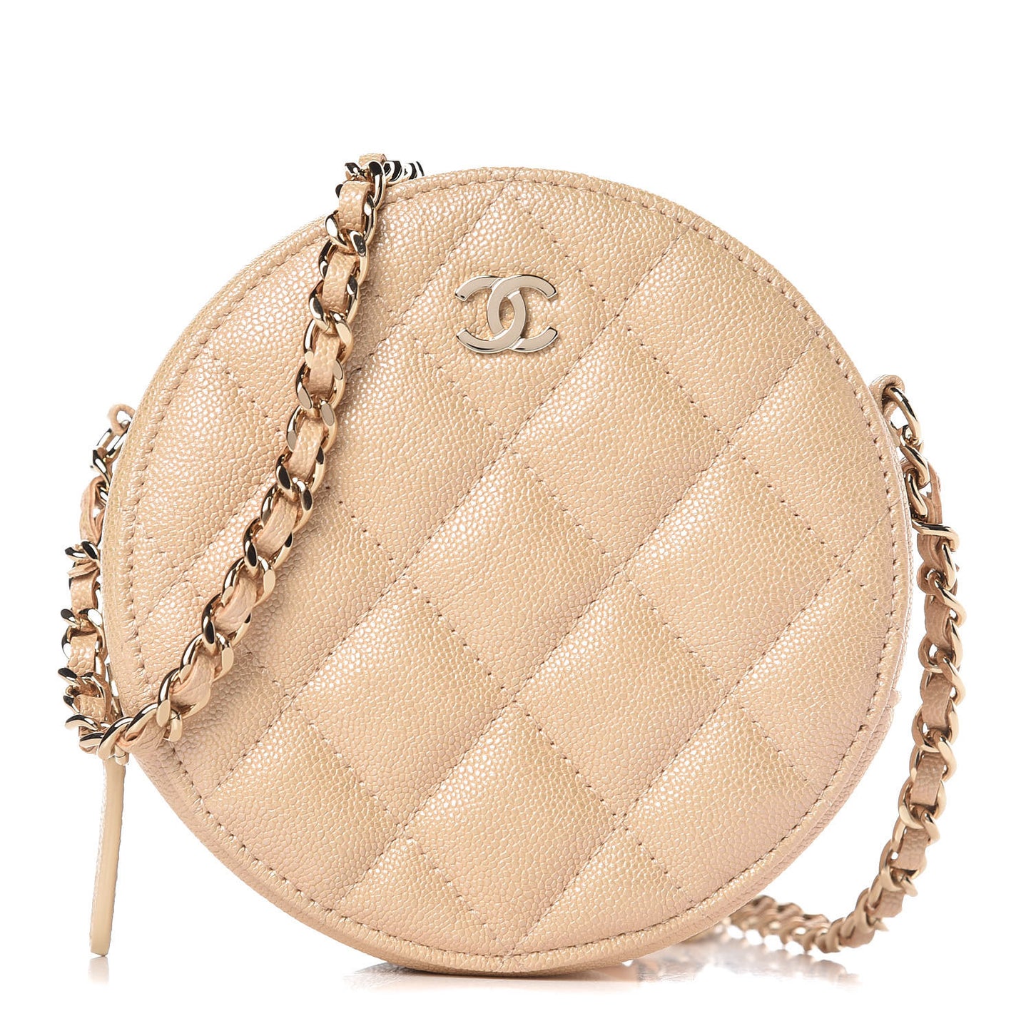 Caviar Quilted Round Clutch With Chain Beige