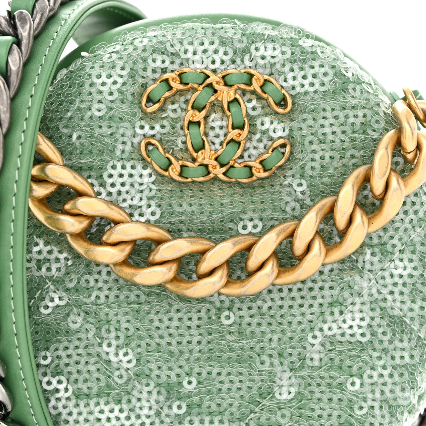 Sequin Chanel 19 Round Clutch With Chain Green Green
