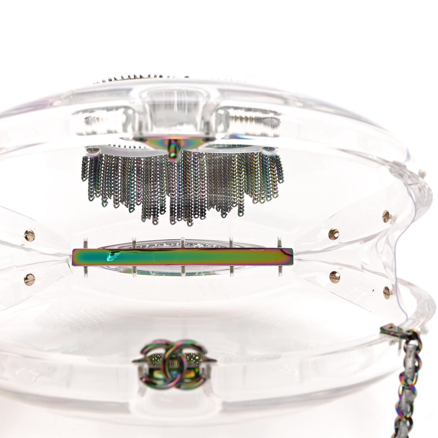 Plexiglass Iridescent Chain Fringe CC Clutch Clear