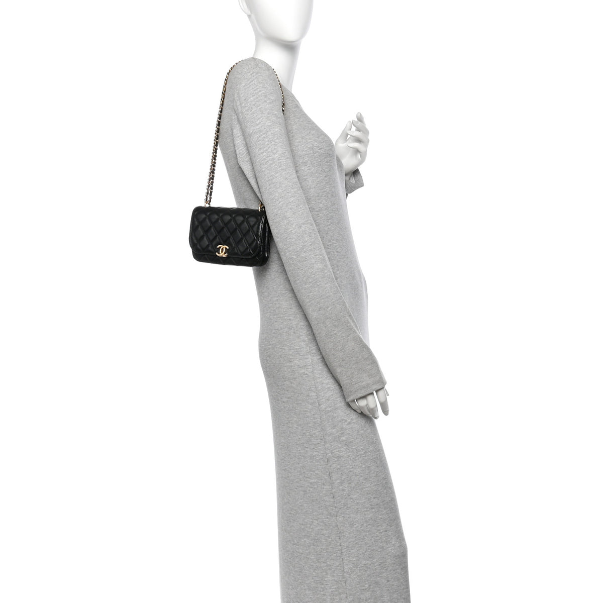 Shiny Lambskin Quilted Flap Phone Holder With Chain Black