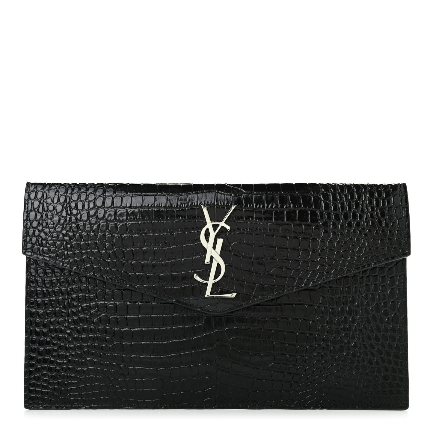 Calfskin Crocodile Embossed Uptown Monogram Clutch Black