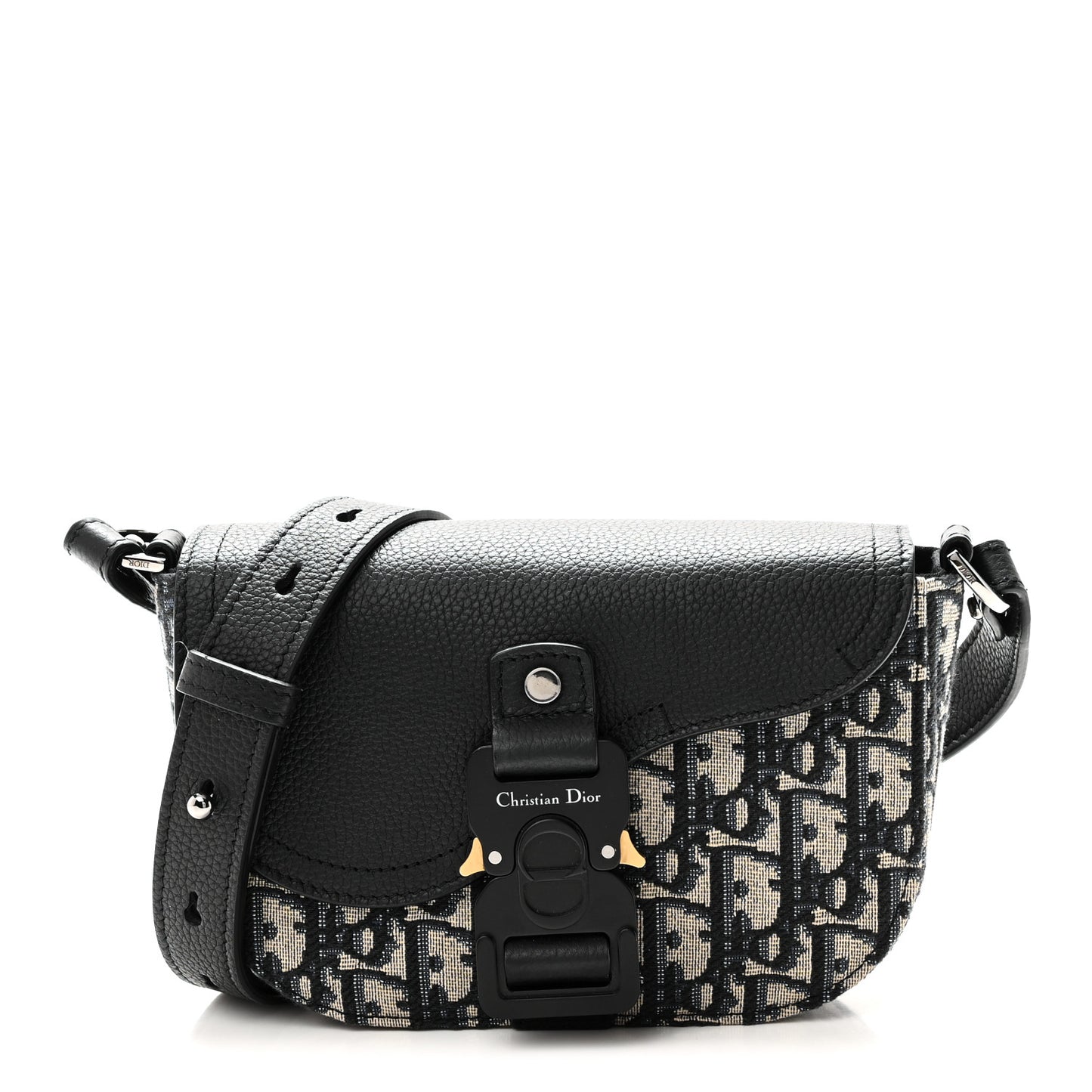 Grained Calfskin Oblique Mini Saddle Messenger Bag With Flap Beige Black