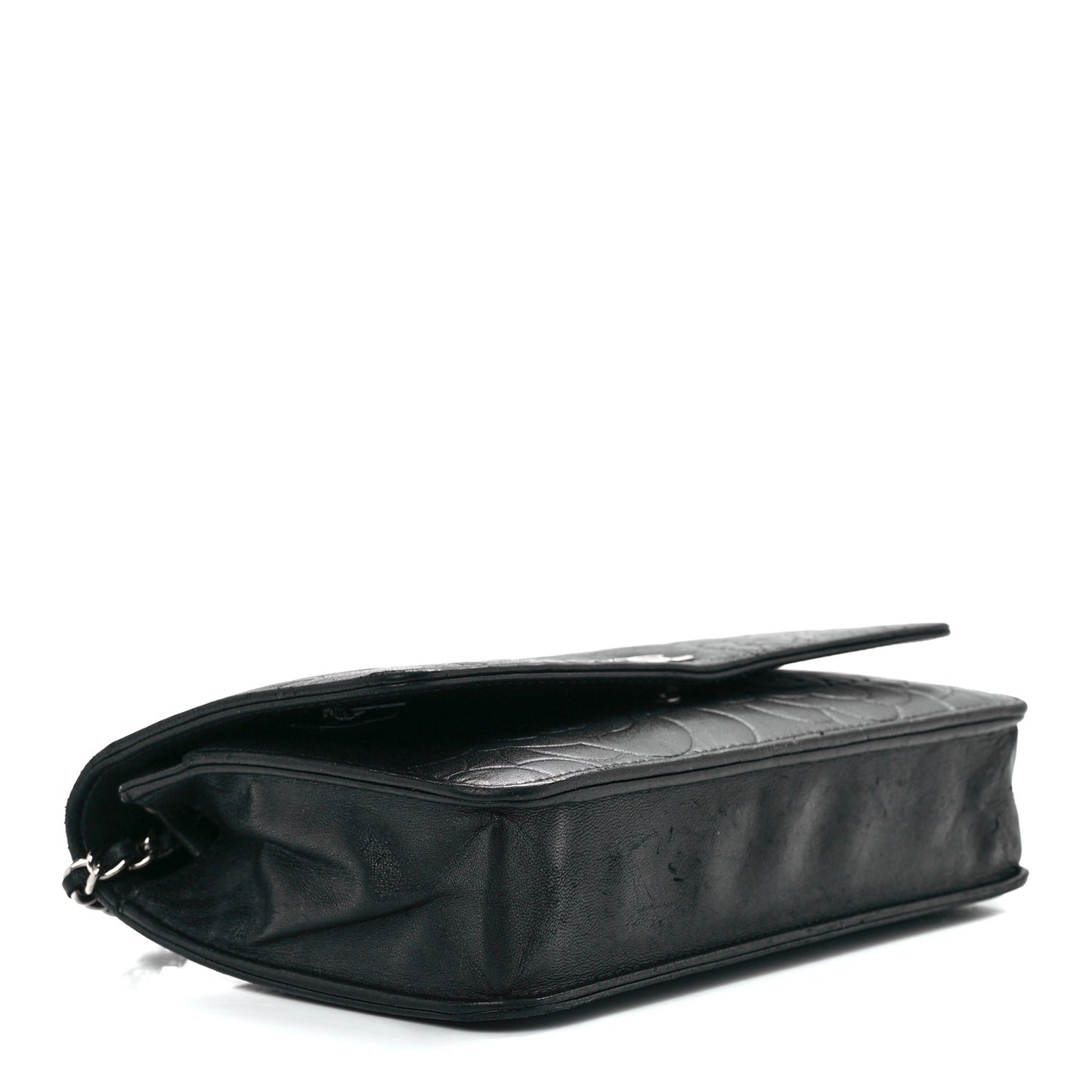 Lambskin Camellia Embossed Wallet on Chain WOC Black