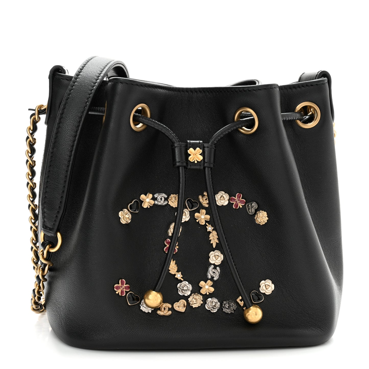 Lambskin Quilted Lucky Charms CC Drawstring Bag Black