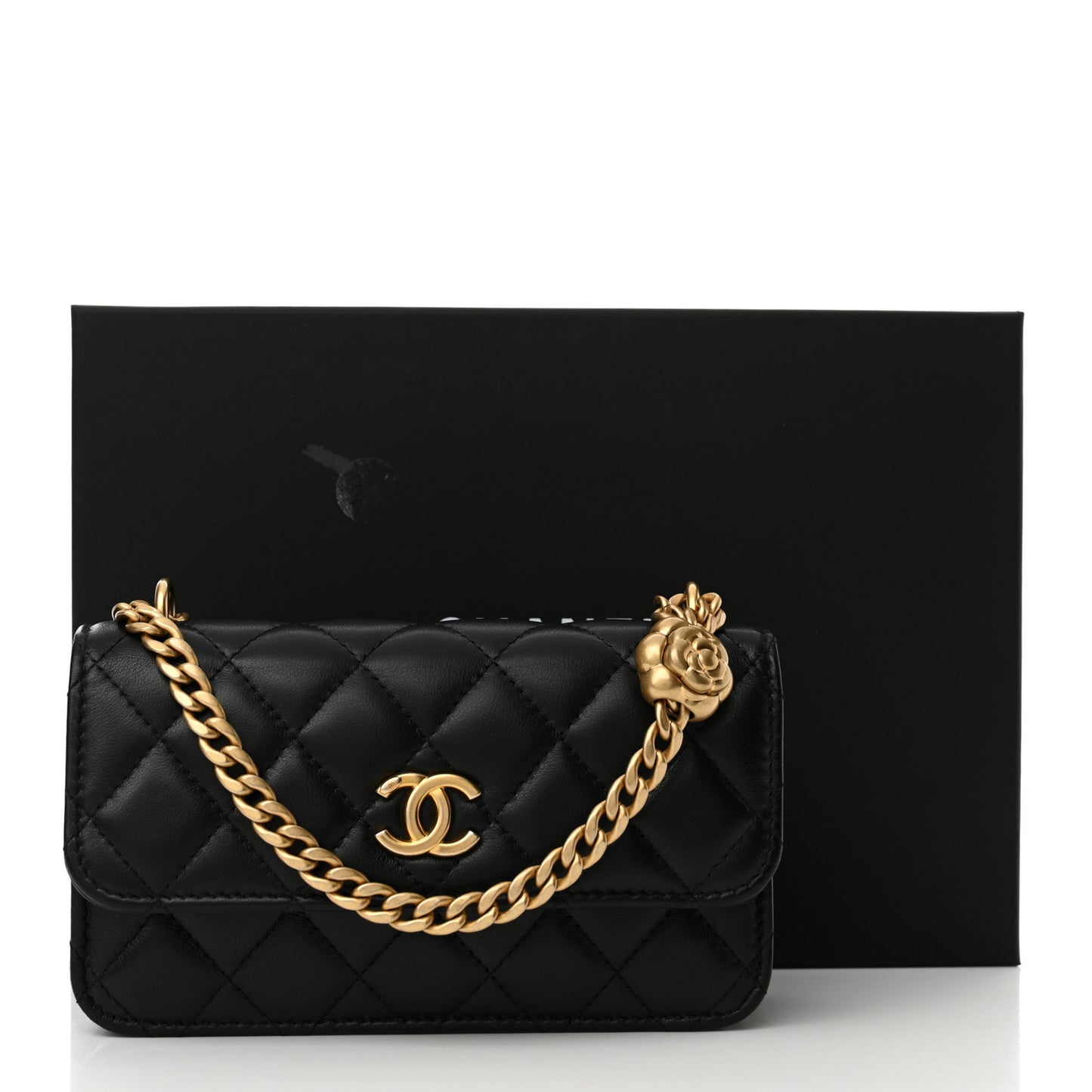 Lambskin Quilted Sweet Camellia Flap Phone Holder With Chain Black