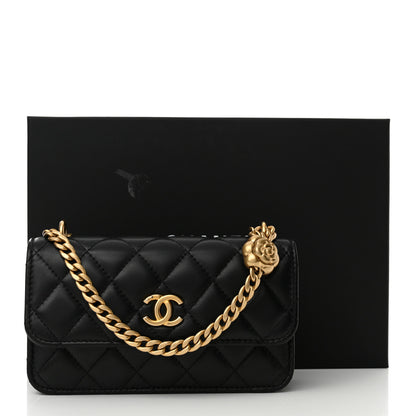 Chanel Lambskin Quilted Sweet Camellia Flap Phone Holder With Chain Black 13 of 13