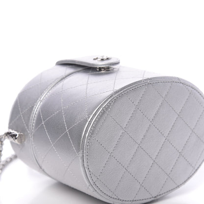 Chanel Metallic Lambskin Quilted Round Vanity Case With Chain Silver 9 of 12