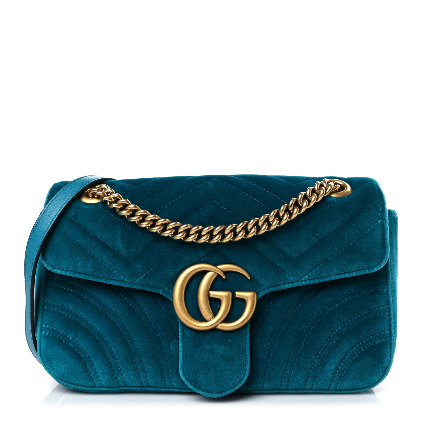 Velvet Matelasse Small GG Marmont Shoulder Bag Pavone Cyan