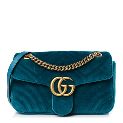 Gucci Velvet Matelasse Small GG Marmont Shoulder Bag Pavone Cyan 1 of 11