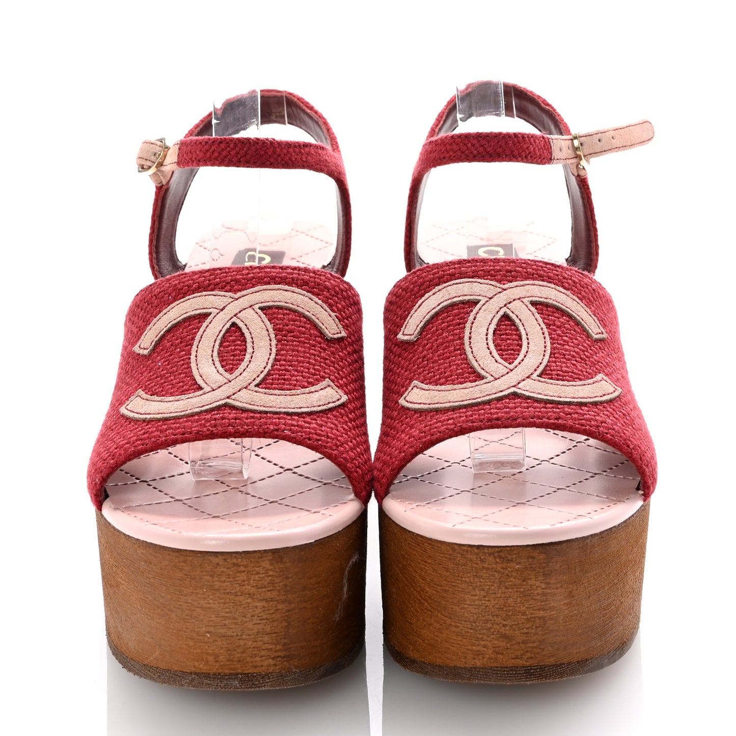 Fabric Calfskin Platform Wedge Sandals 37 Dark Red Light Pink
