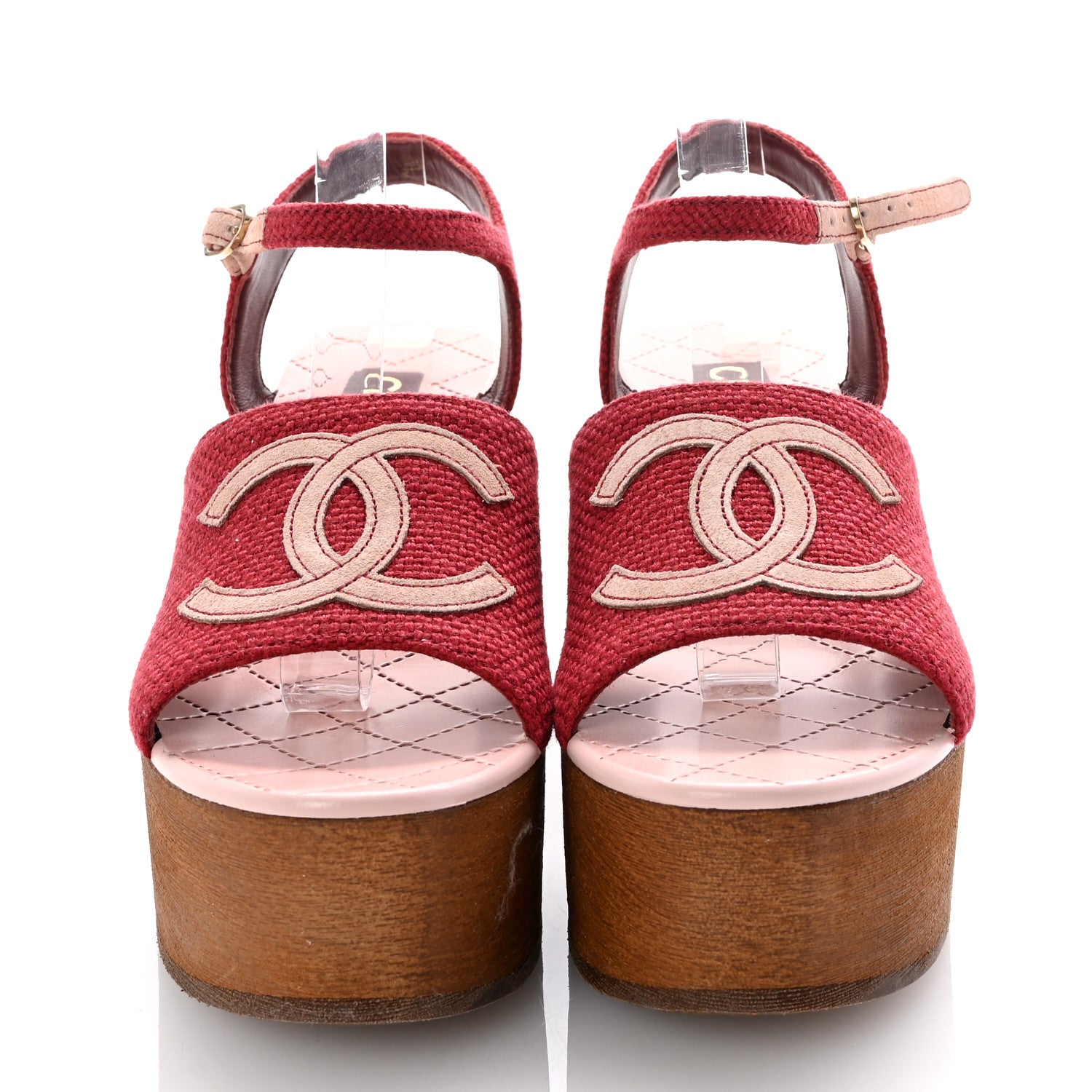 Chanel Fabric Calfskin Platform Wedge Sandals 37 Dark Red Light Pink 3 of 9