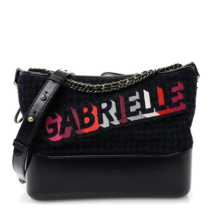 Chanel Tweed Calfskin Quilted Medium Gabrielle Hobo Black Blue 1 of 13
