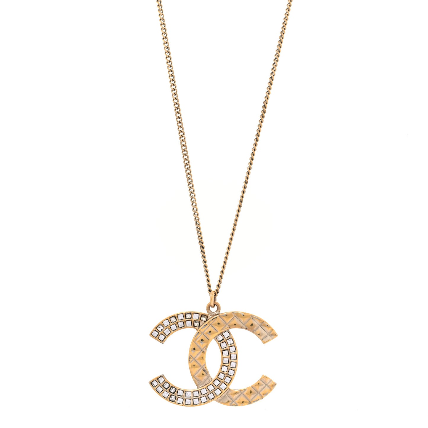 Baguette Crystal Quilted CC Pendant Necklace Gold