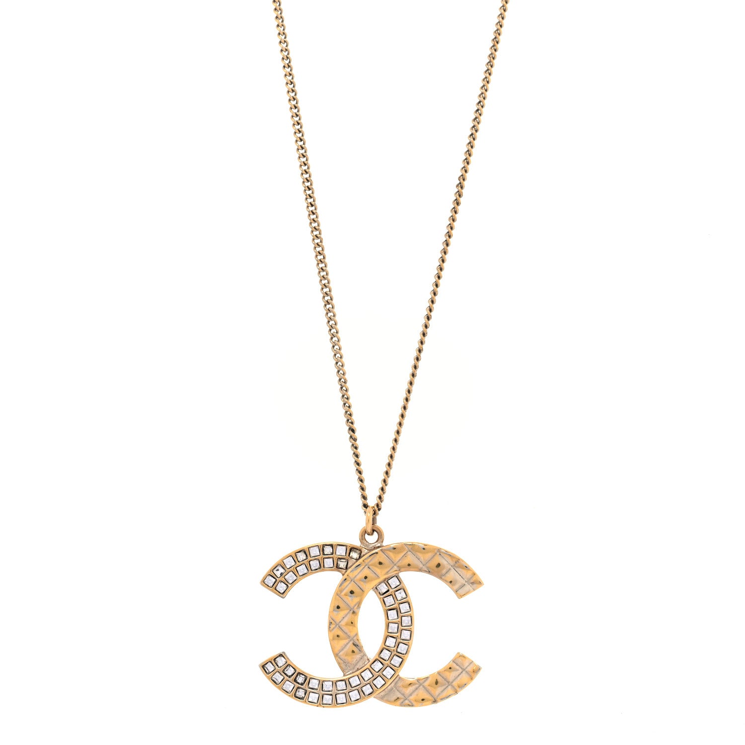Chanel Baguette Crystal Quilted CC Pendant Necklace Gold 1 of 5