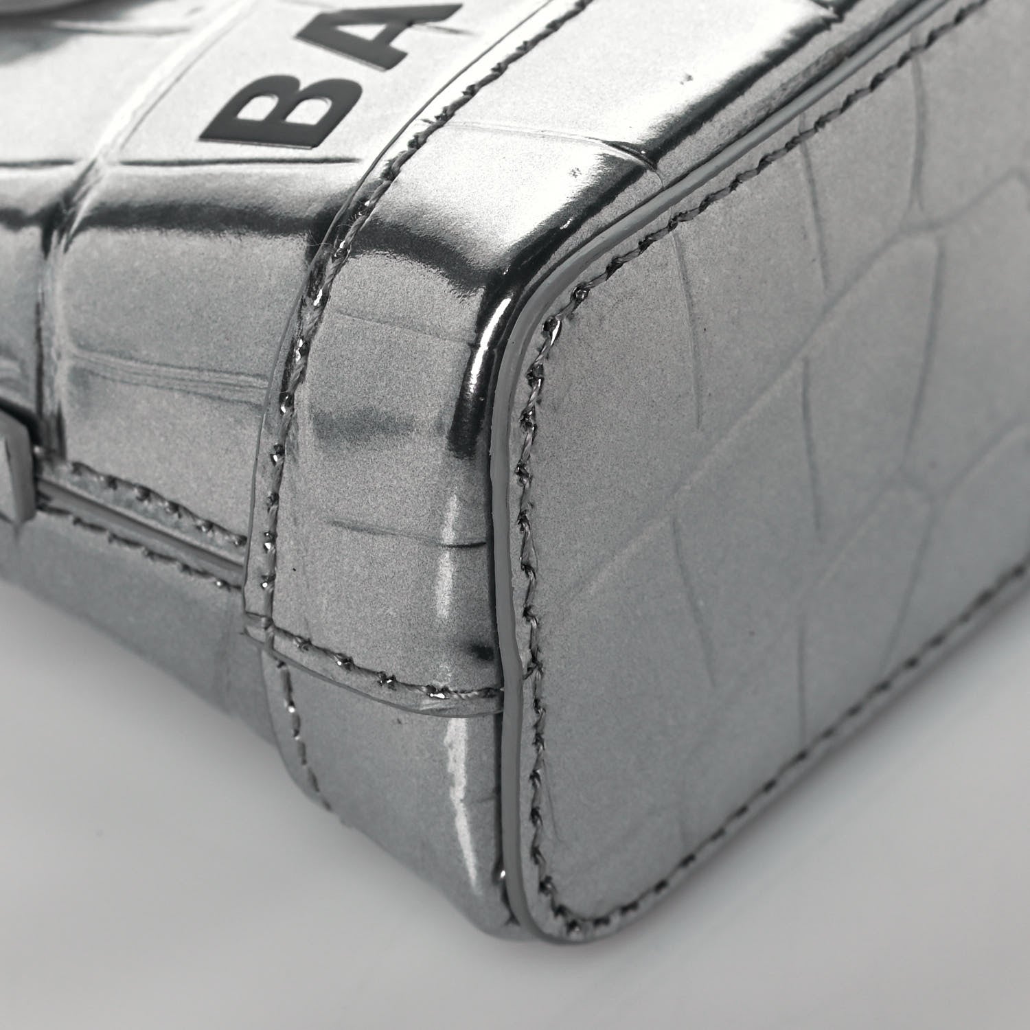 Balenciaga Metallic Calfskin Logo Crocodile Embossed Mini Ville Top Handle Bag Silver Black 8 of 12