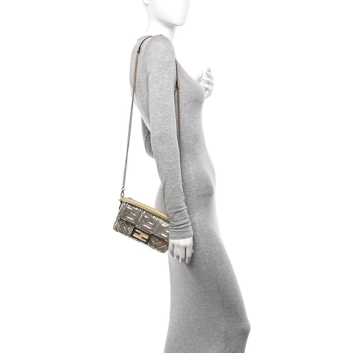 Fendi Ricamo Sequin Paillettes Vitello Grace FF Mini Baguette Oro Chiaro 2 of 10