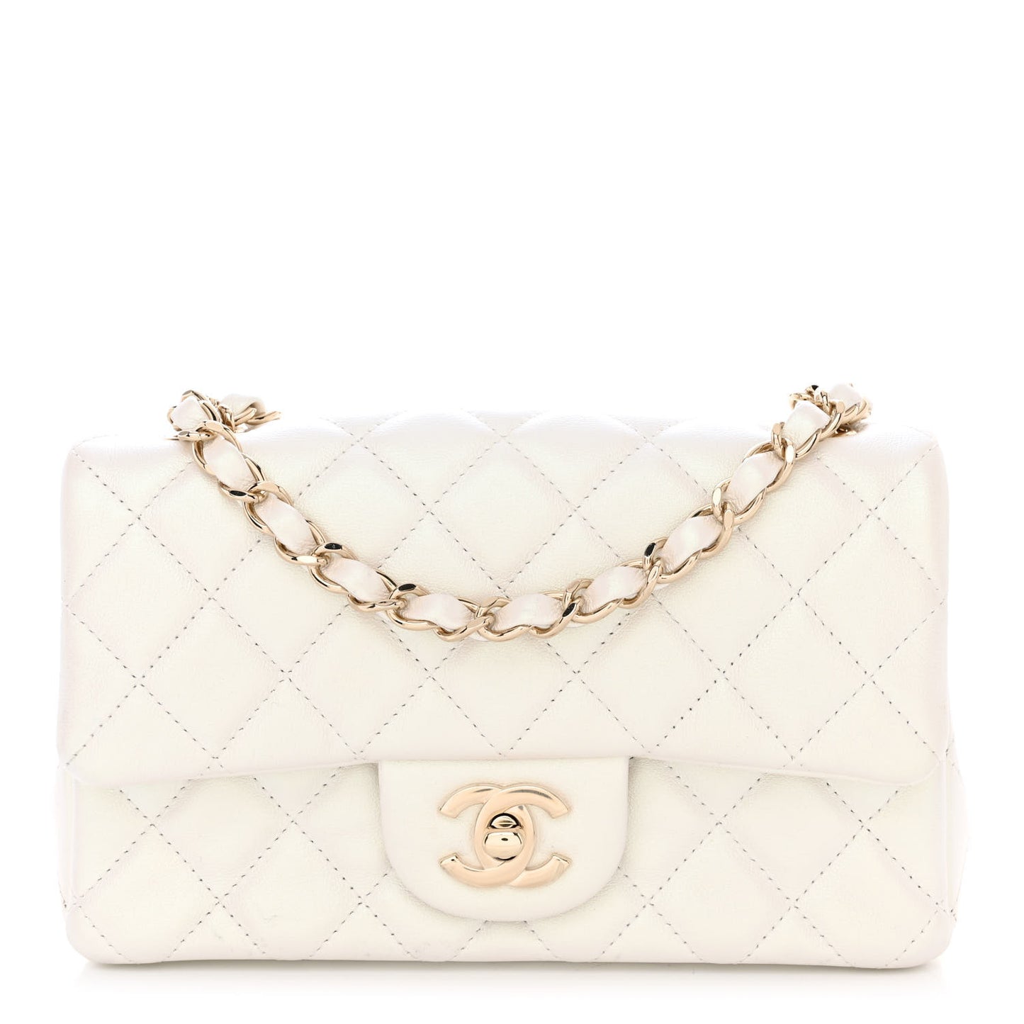 Iridescent Calfskin Quilted Mini Rectangular Flap White