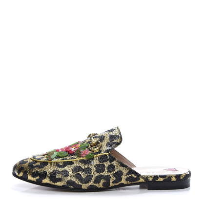 Gucci Lurex Jacquard Leopard Embroidered Womens Princetown Slippers 39.5 Black Gold 1 of 9