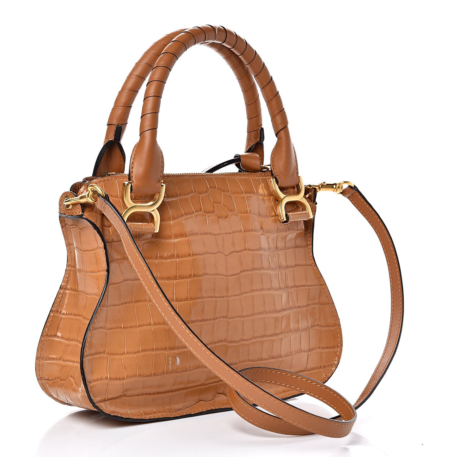 Chloe Calfskin Crocodile Embossed Small Marcie Satchel Autumnal Brown 3 of 11