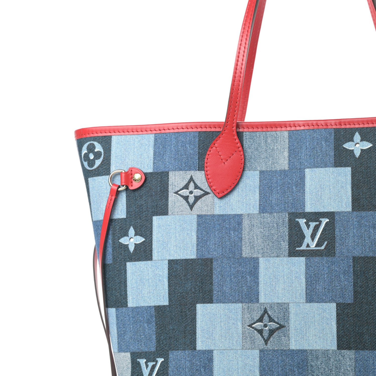 Louis Vuitton Denim Damier Monogram Patchwork Neverfull Blue Rouge 9 of 11
