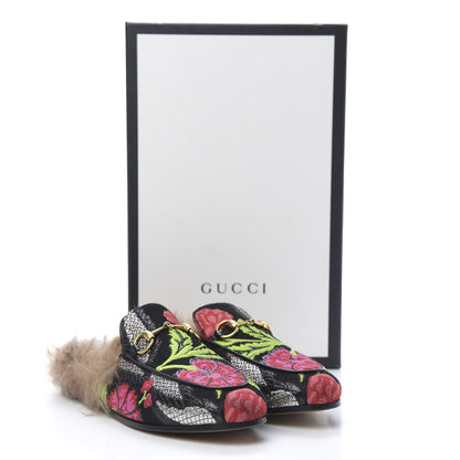 Gucci Brocade Fur Floral Womens Princetown Slippers 36 Black Anthracite 8 of 8