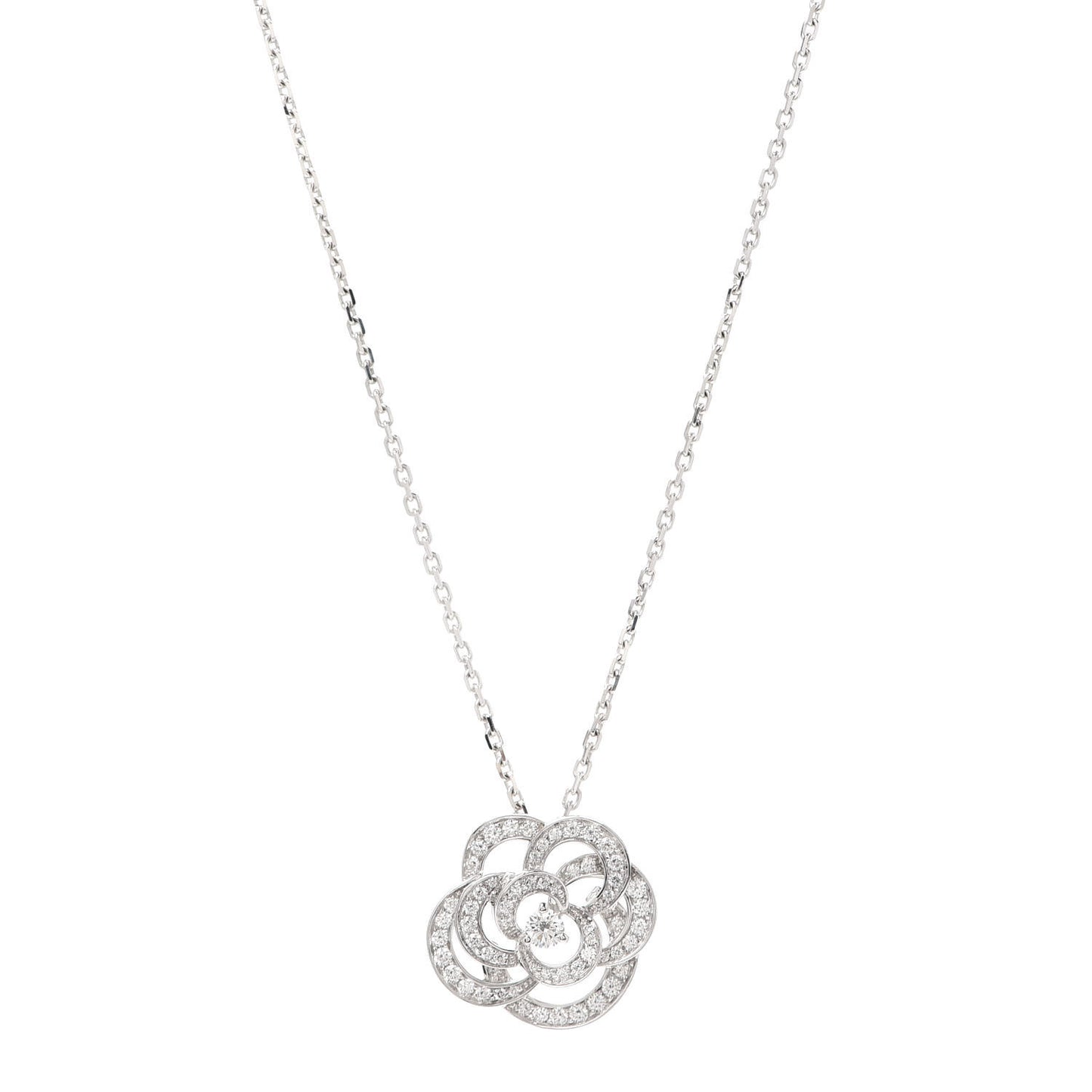 18K White Gold Diamond Large Camelia Pendant Necklace