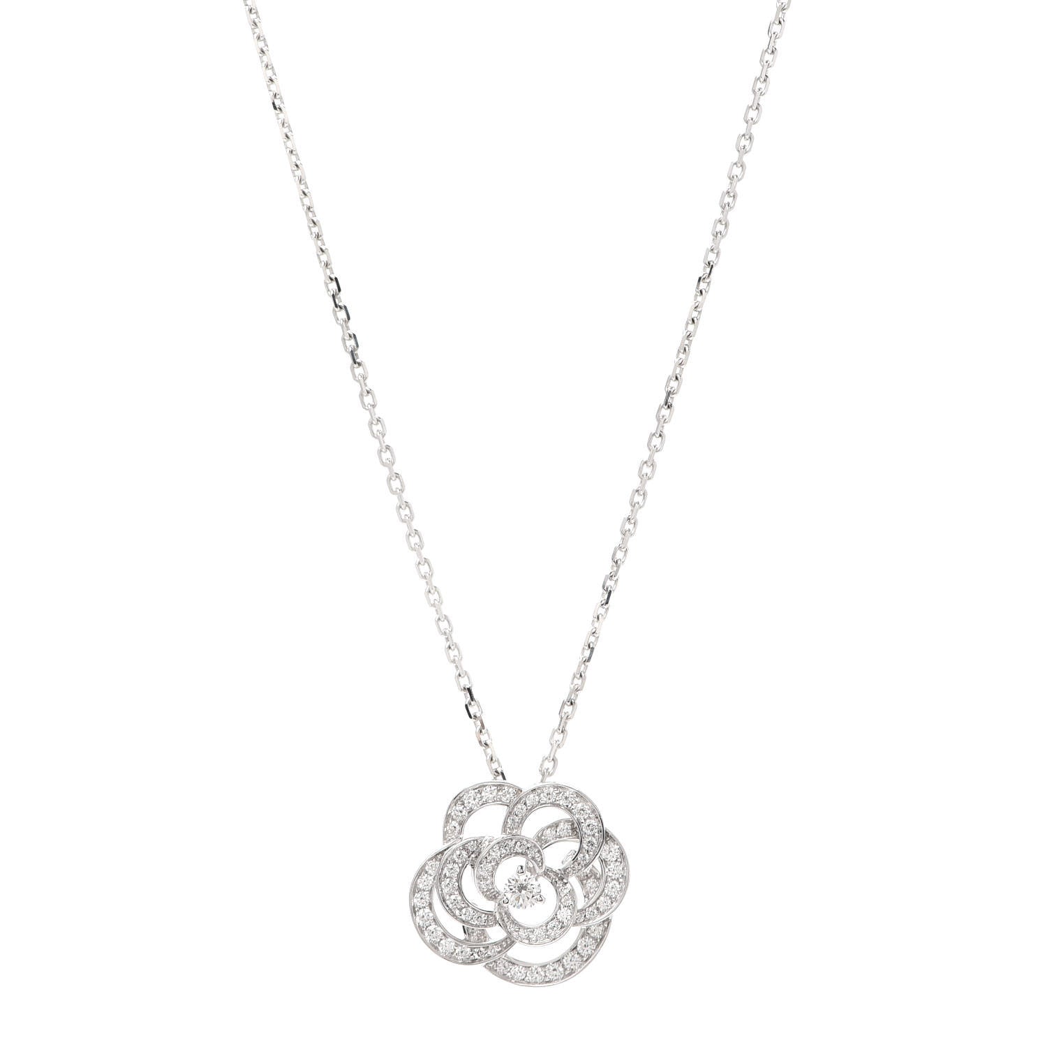 Chanel 18K White Gold Diamond Large Camelia Pendant Necklace 1 of 5