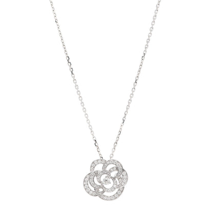 Chanel 18K White Gold Diamond Large Camelia Pendant Necklace 1 of 5