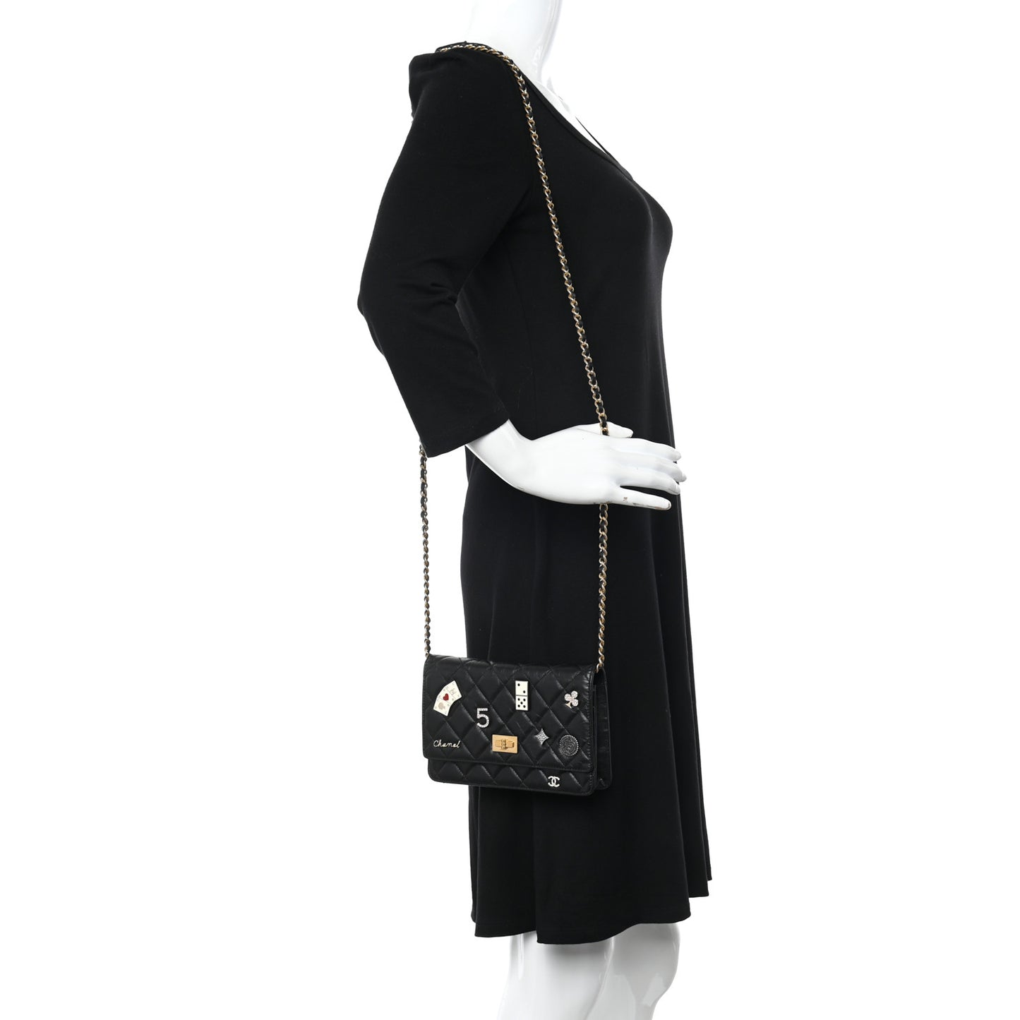 Aged Calfskin Lucky Charms Casino 2.55 Reissue Wallet on Chain WOC Black
