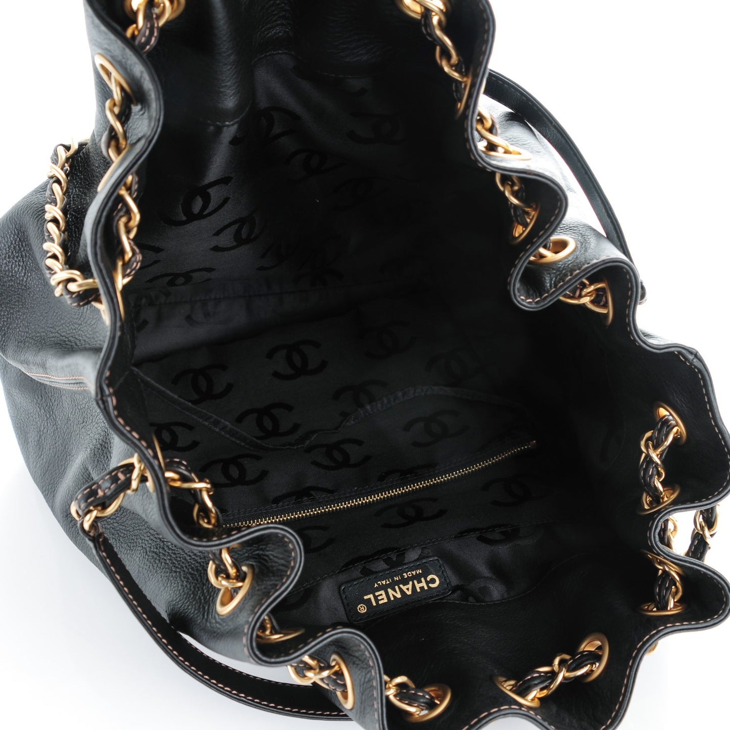 Calfskin CC Drawstring Bucket Bag Black
