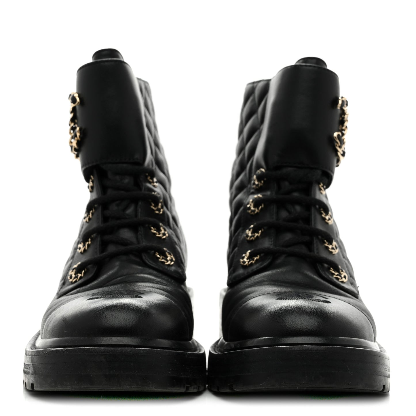 Shiny Lambskin Quilted Lace Up Combat Boots 38 Black