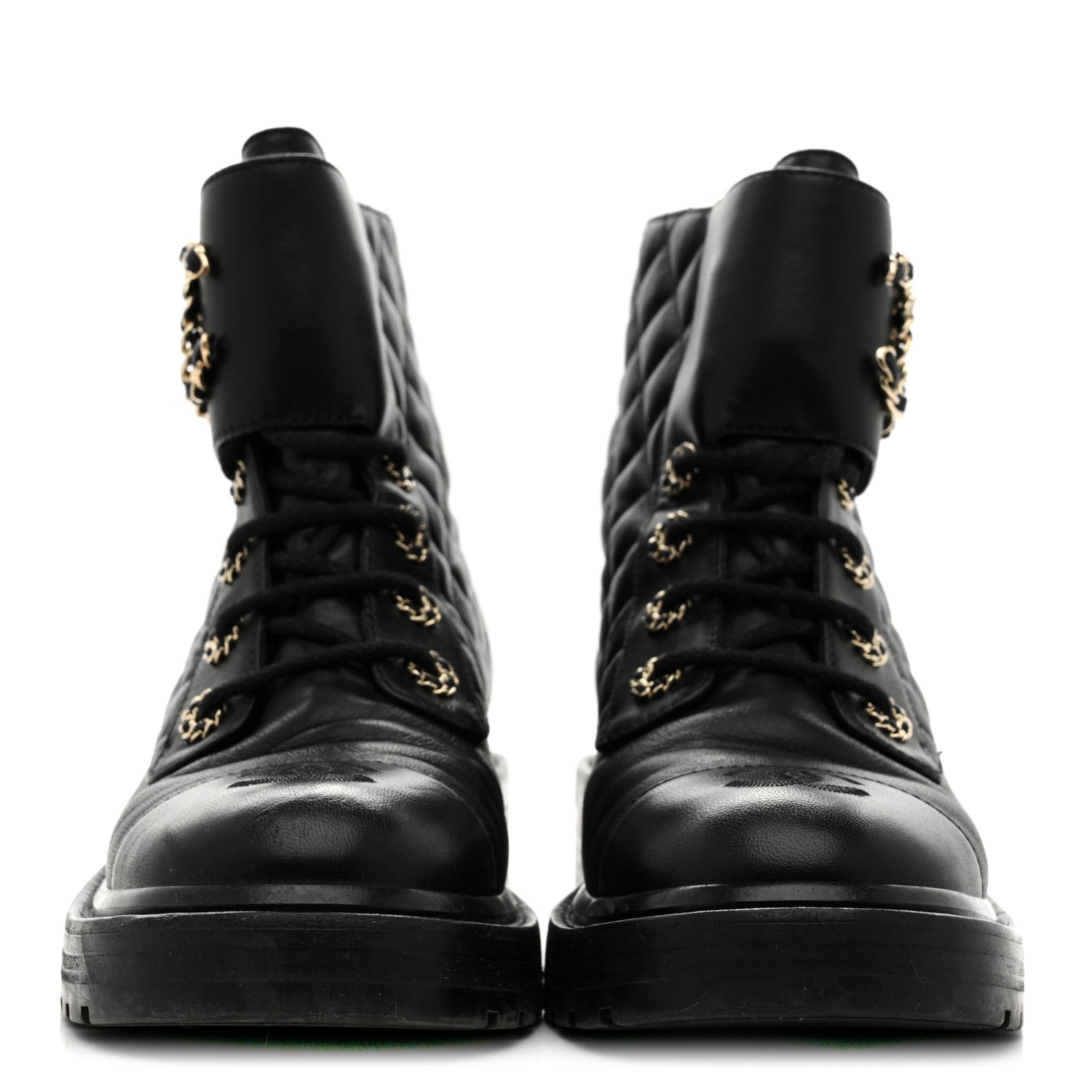 Chanel Shiny Lambskin Quilted Lace Up Combat Boots 38 Black 3 of 9