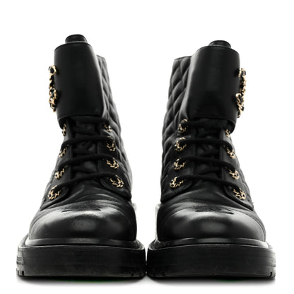 Chanel Shiny Lambskin Quilted Lace Up Combat Boots 38 Black 3 of 9