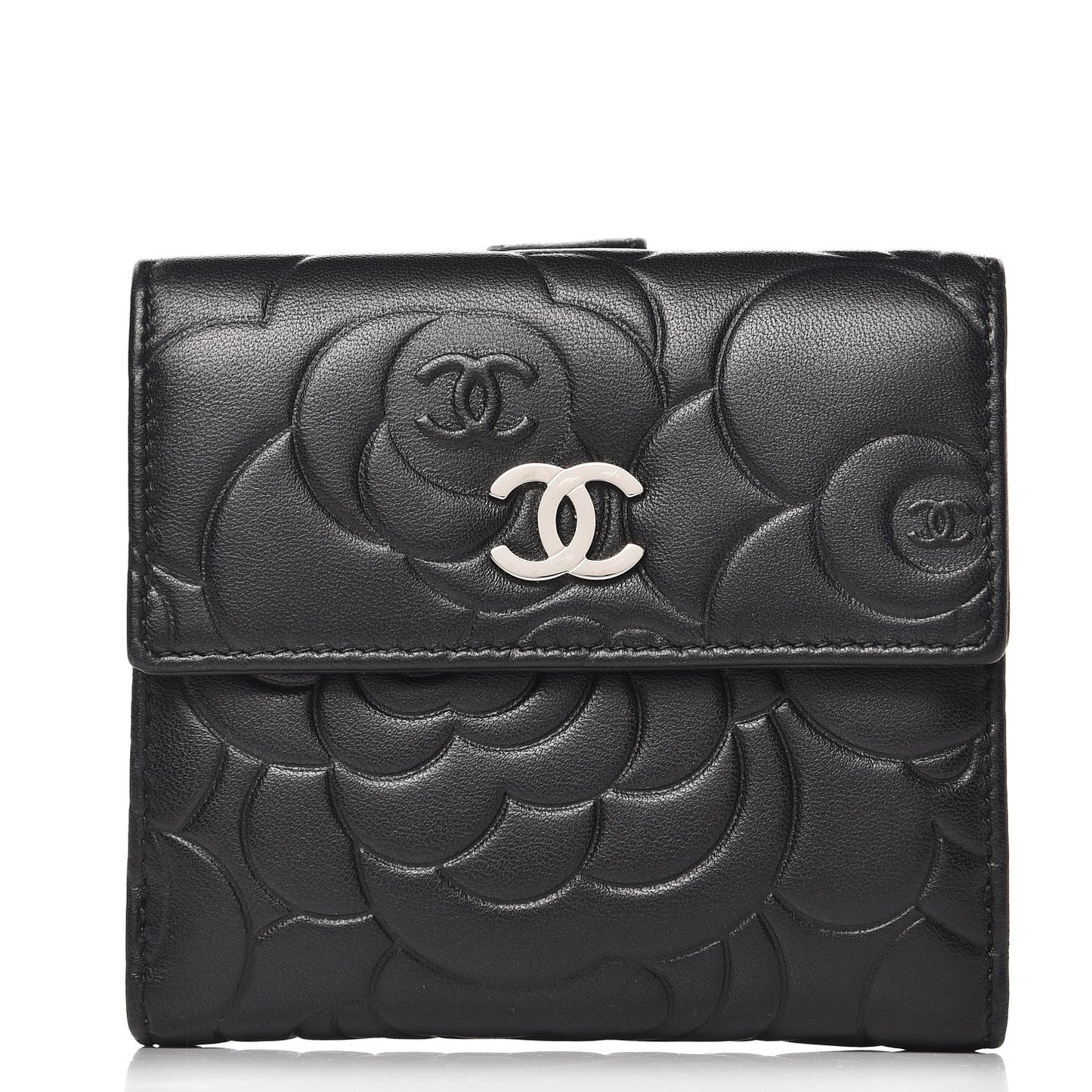 Lambskin Embossed Camellia French Wallet Black