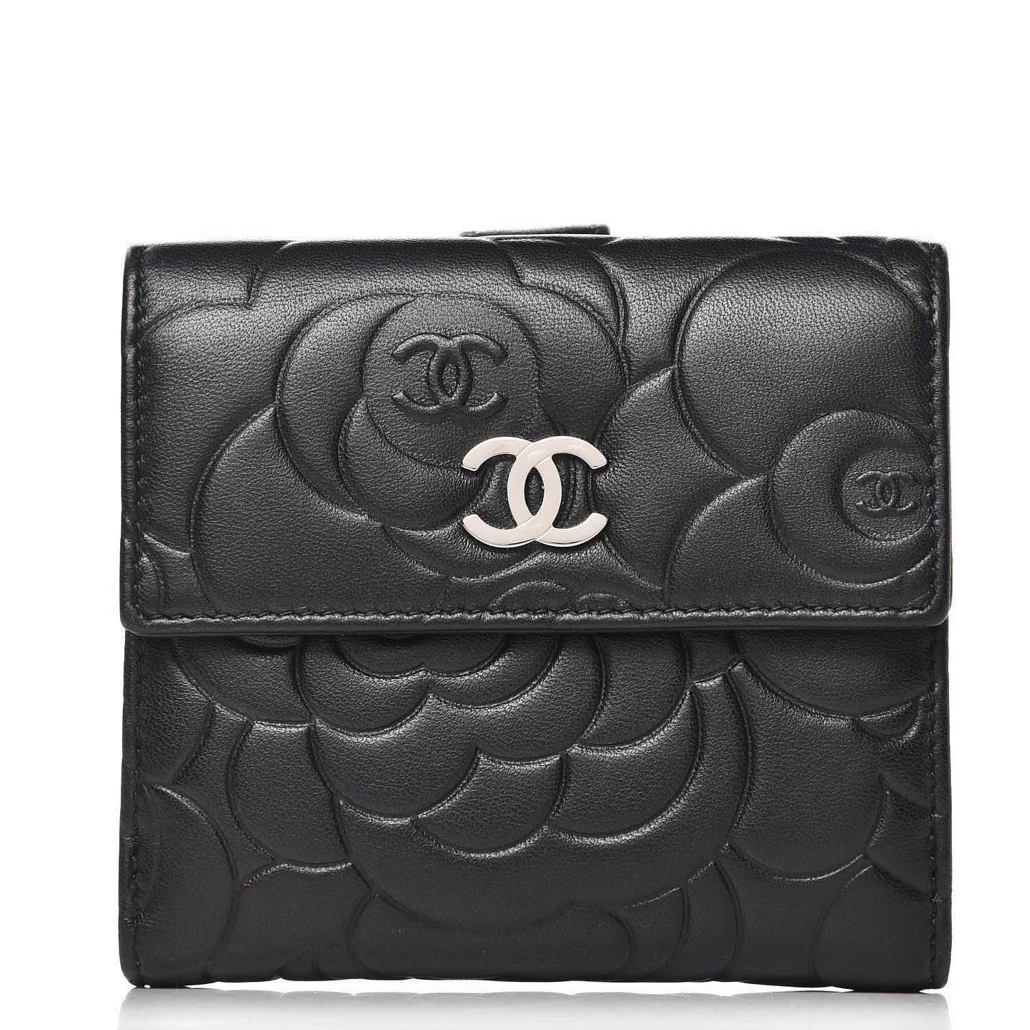 Chanel Lambskin Embossed Camellia French Wallet Black 1 of 8
