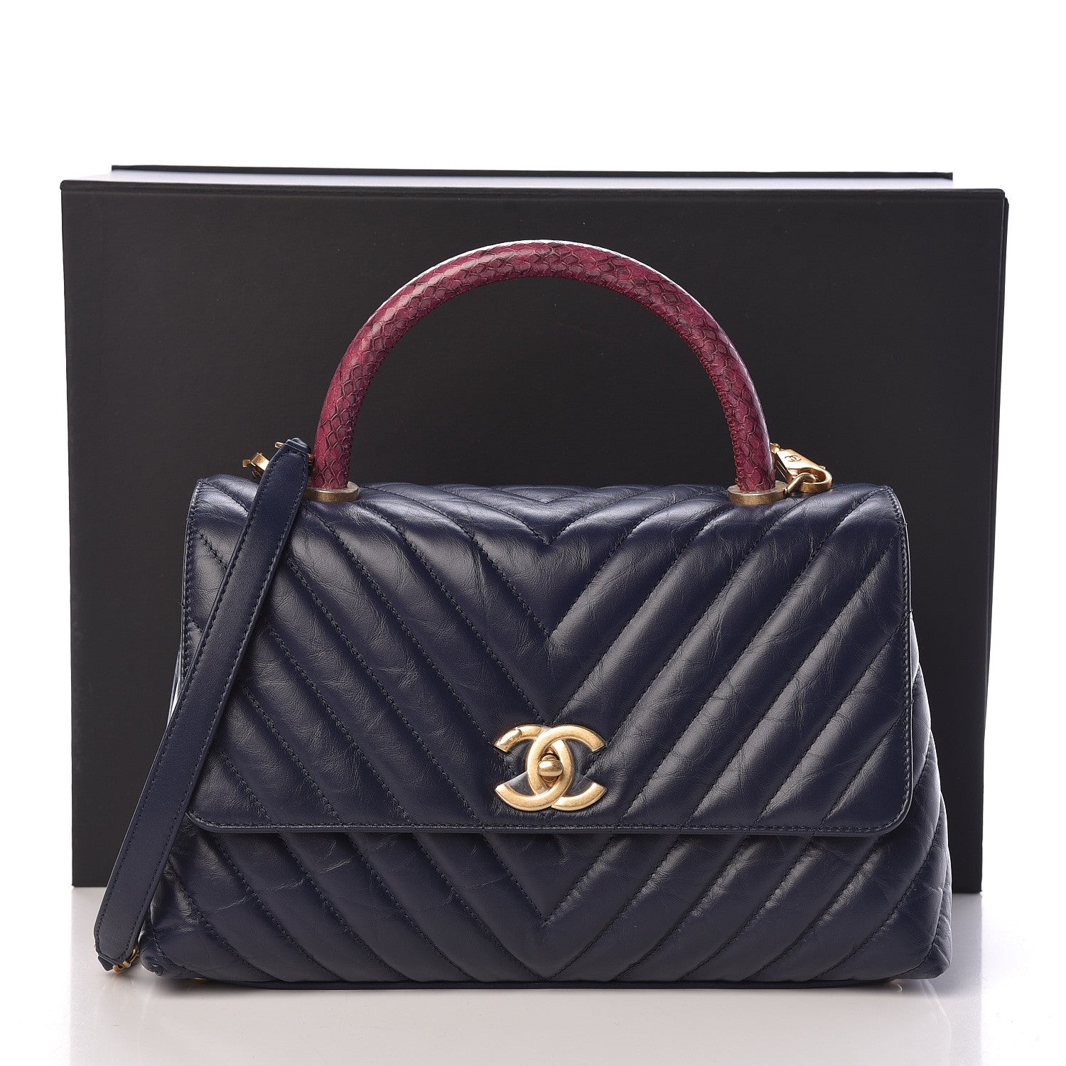 Chanel Aged Calfskin Elaphe Chevron Quilted Small Coco Handle Flap Navy 12 of 12