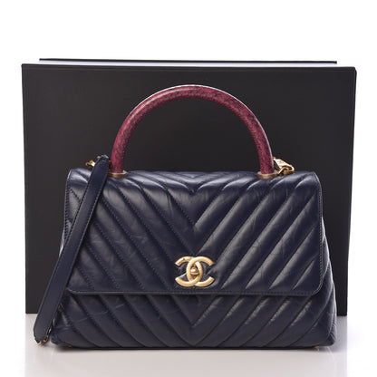 Chanel Aged Calfskin Elaphe Chevron Quilted Small Coco Handle Flap Navy 12 of 12