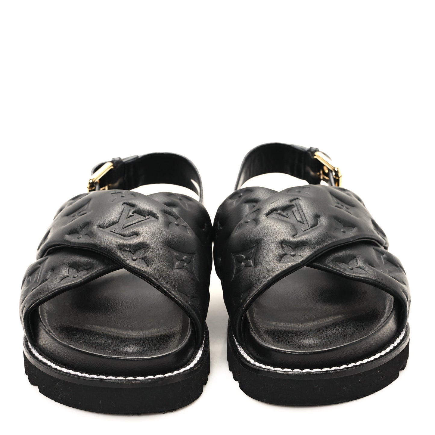 Lambskin Monogram Embossed Paseo Flat Comfort Sandals 36 Black